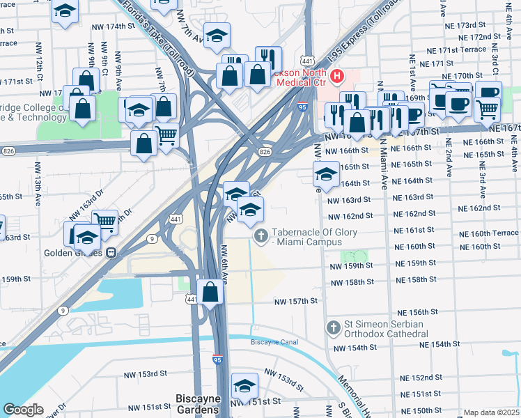 map of restaurants, bars, coffee shops, grocery stores, and more near 482 Northwest 165th Street in Miami
