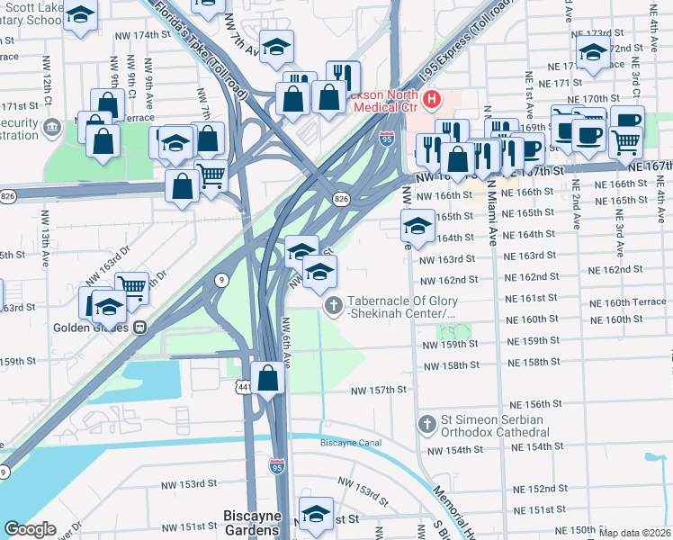 map of restaurants, bars, coffee shops, grocery stores, and more near 482 Northwest 165th Street in Miami