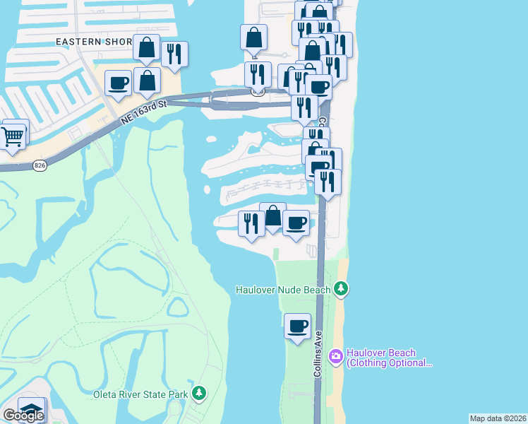 map of restaurants, bars, coffee shops, grocery stores, and more near 314 Poinciana Island Drive in Sunny Isles Beach