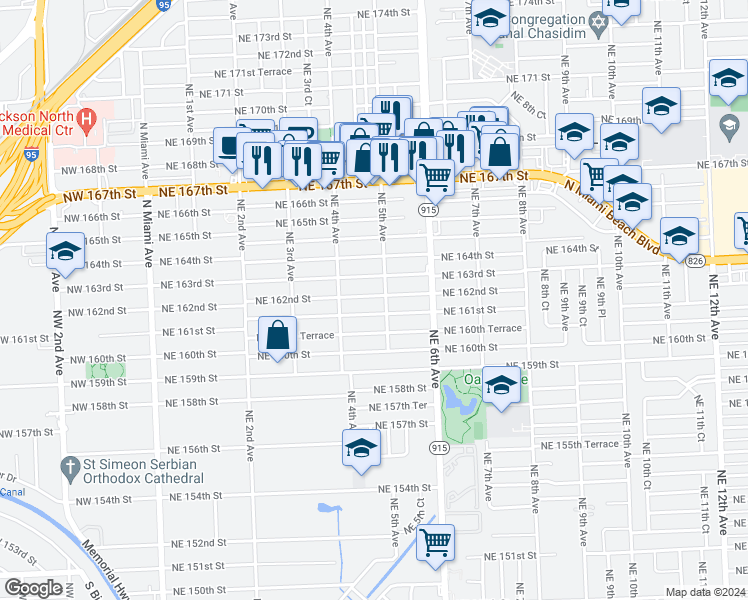 map of restaurants, bars, coffee shops, grocery stores, and more near 502 Northeast 163rd Street in North Miami Beach