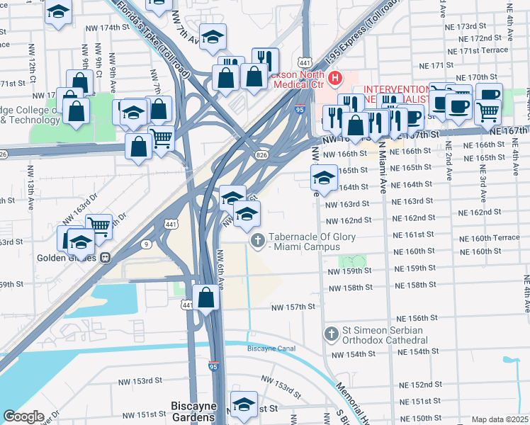 map of restaurants, bars, coffee shops, grocery stores, and more near 482 Northwest 165th Street in Miami