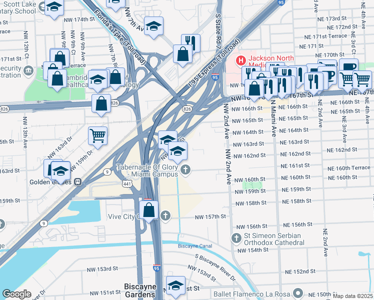 map of restaurants, bars, coffee shops, grocery stores, and more near 482 Northwest 165th Street in Miami