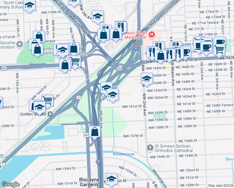 map of restaurants, bars, coffee shops, grocery stores, and more near 482 Northwest 165th Street in Miami