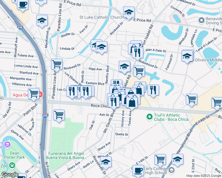 map of restaurants, bars, coffee shops, grocery stores, and more near 2625 Eastern Boulevard in Brownsville
