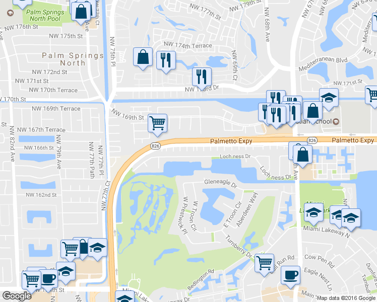 map of restaurants, bars, coffee shops, grocery stores, and more near 16605 Northwest 72nd Place in Hialeah