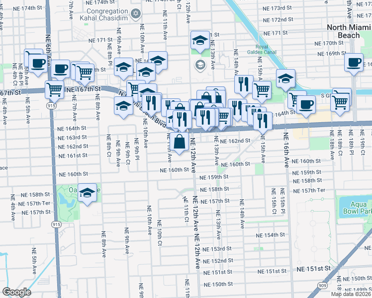 map of restaurants, bars, coffee shops, grocery stores, and more near 16208 Northeast 12th Avenue in North Miami Beach