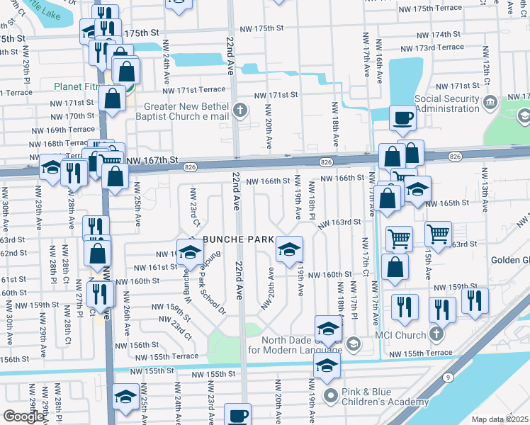 map of restaurants, bars, coffee shops, grocery stores, and more near 16430 Northwest 20th Avenue in Opa-locka