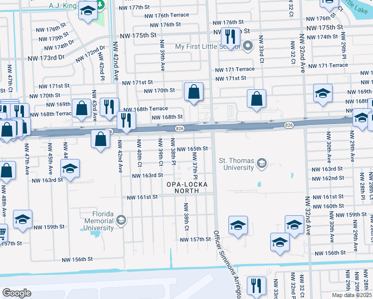 map of restaurants, bars, coffee shops, grocery stores, and more near 3880 Northwest 166th Street in Opa-locka