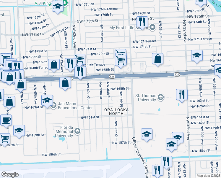 map of restaurants, bars, coffee shops, grocery stores, and more near 3880 Northwest 166th Street in Opa-locka
