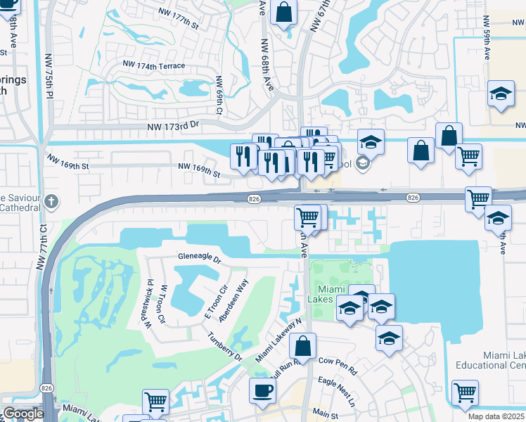 map of restaurants, bars, coffee shops, grocery stores, and more near 6830 Northwest 166th Terrace in Miami Lakes