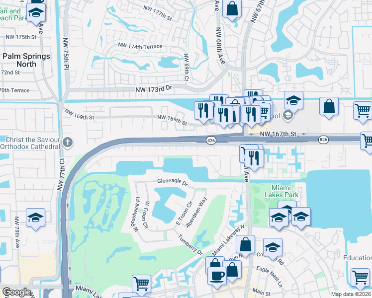 map of restaurants, bars, coffee shops, grocery stores, and more near 6950 Northwest 166 Terrace in Miami Lakes