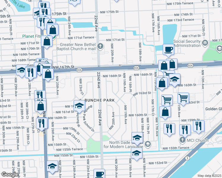 map of restaurants, bars, coffee shops, grocery stores, and more near 16430 Northwest 20th Avenue in Opa-locka