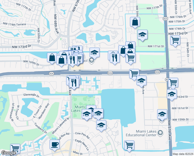 map of restaurants, bars, coffee shops, grocery stores, and more near 6384 Milk Wagon Lane in Miami Lakes