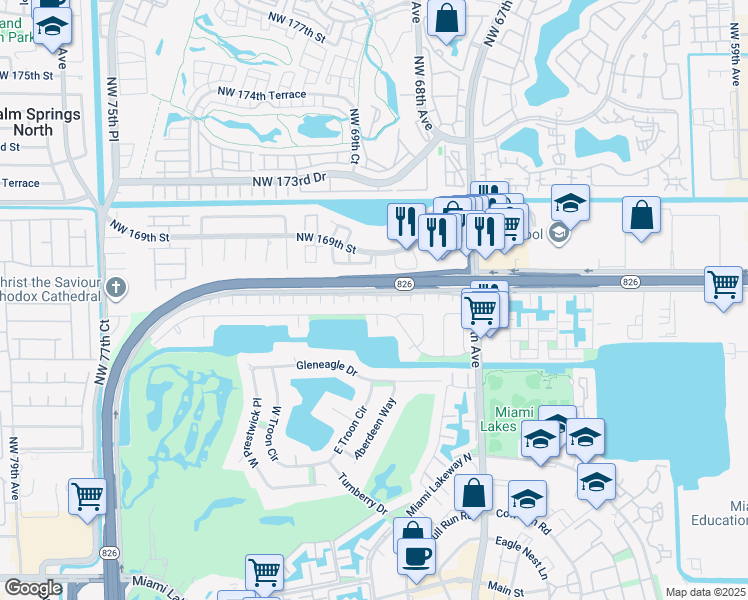 map of restaurants, bars, coffee shops, grocery stores, and more near 6950 Northwest 166 Terrace in Miami Lakes