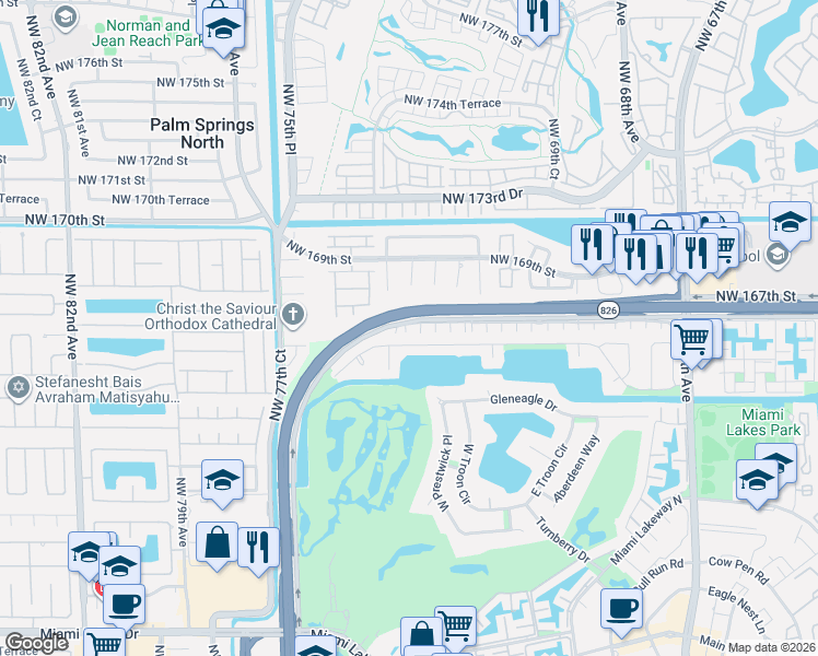 map of restaurants, bars, coffee shops, grocery stores, and more near 16637 Northwest 73rd Place in Hialeah