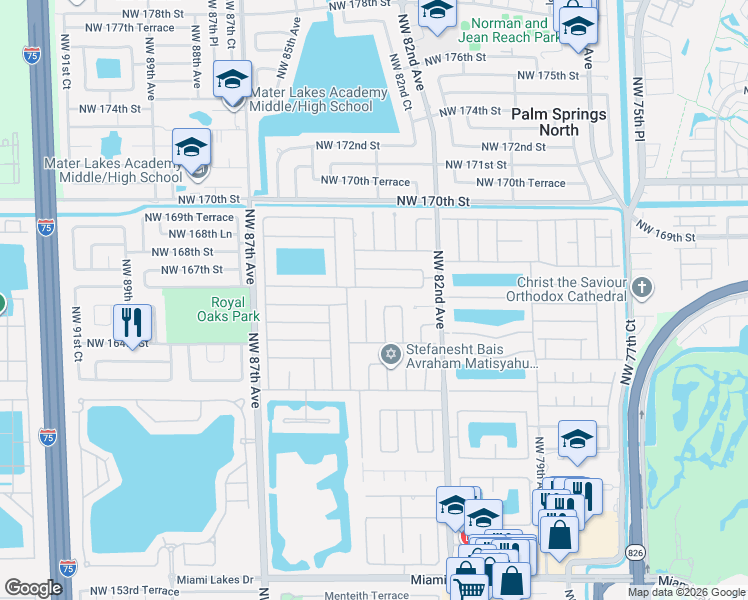 map of restaurants, bars, coffee shops, grocery stores, and more near 8380 Northwest 166th Terrace in Miami Lakes