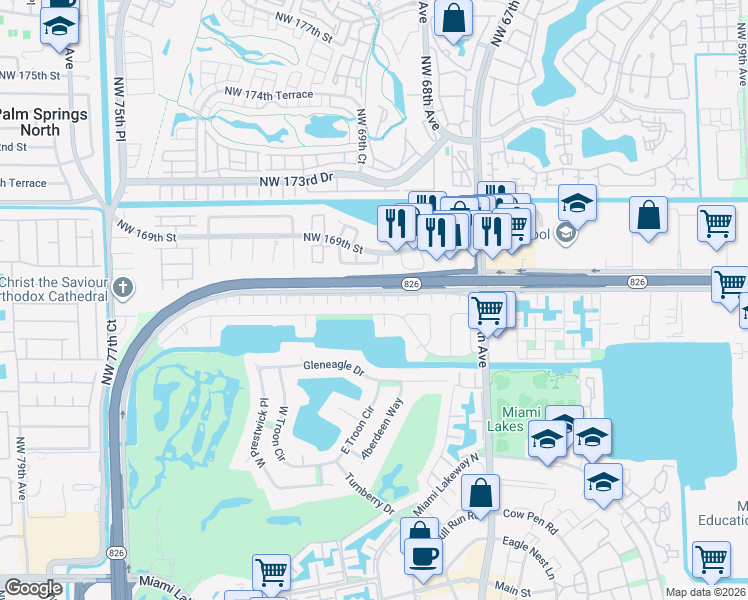 map of restaurants, bars, coffee shops, grocery stores, and more near 6950 Northwest 166 Terrace in Miami Lakes