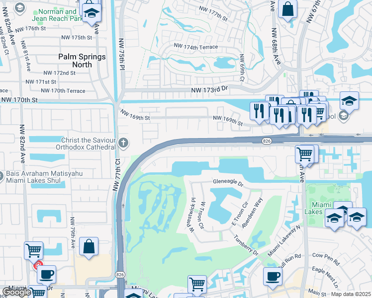 map of restaurants, bars, coffee shops, grocery stores, and more near 16621 Northwest 73rd Avenue in Hialeah