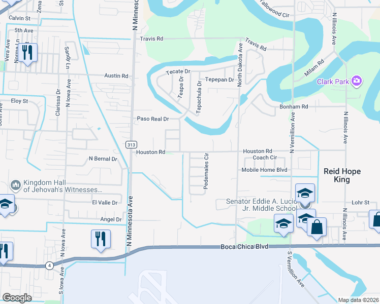 map of restaurants, bars, coffee shops, grocery stores, and more near 5895 Houston Road in Brownsville