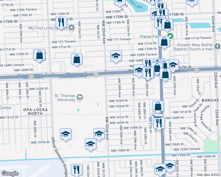 map of restaurants, bars, coffee shops, grocery stores, and more near 3030 Northwest 165th Street in Opa-locka