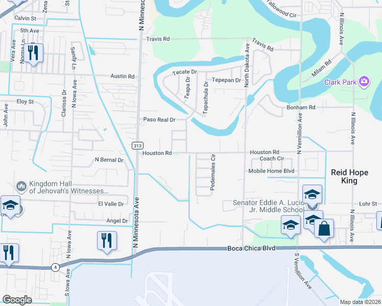 map of restaurants, bars, coffee shops, grocery stores, and more near 5895-6101 Houston Road in Brownsville