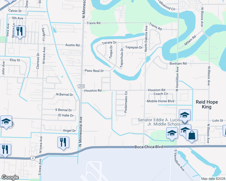 map of restaurants, bars, coffee shops, grocery stores, and more near Houston Road in Brownsville