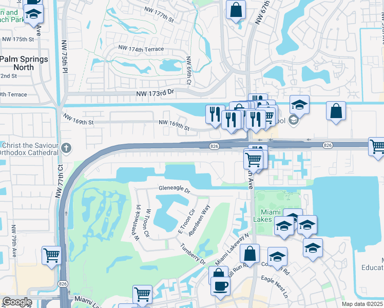 map of restaurants, bars, coffee shops, grocery stores, and more near 6950 Northwest 166th Terrace in Hialeah