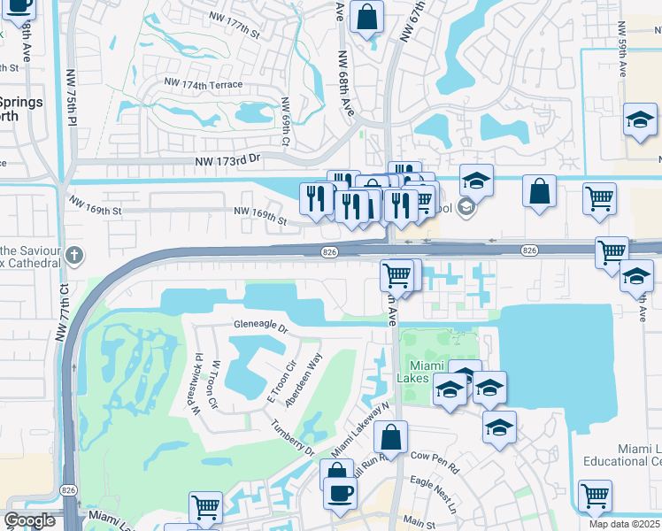 map of restaurants, bars, coffee shops, grocery stores, and more near 6900 Northwest 166th Terrace in Hialeah