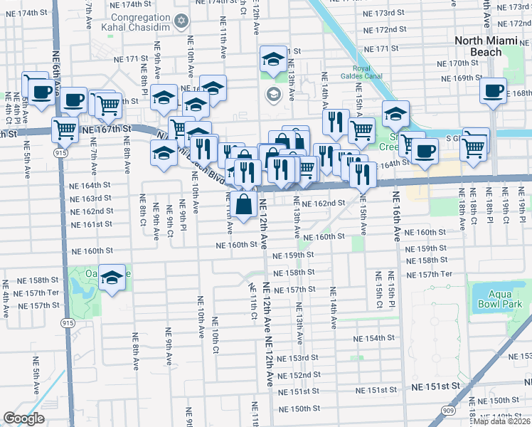 map of restaurants, bars, coffee shops, grocery stores, and more near 16208 Northeast 12th Avenue in North Miami Beach