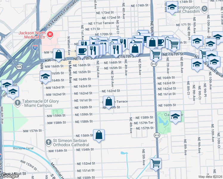 map of restaurants, bars, coffee shops, grocery stores, and more near 280 Northeast 163rd Street in North Miami Beach