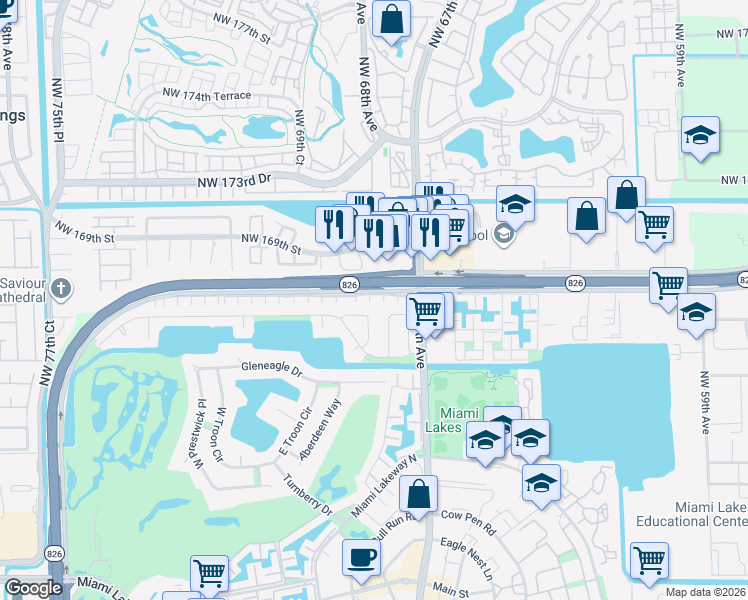 map of restaurants, bars, coffee shops, grocery stores, and more near 6830 Northwest 166th Terrace in Miami Lakes