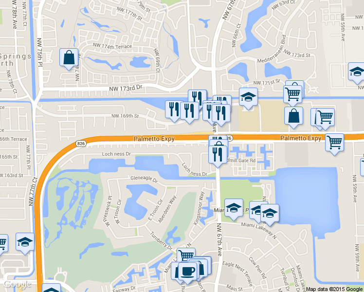map of restaurants, bars, coffee shops, grocery stores, and more near 6900 Northwest 166th Terrace in Hialeah