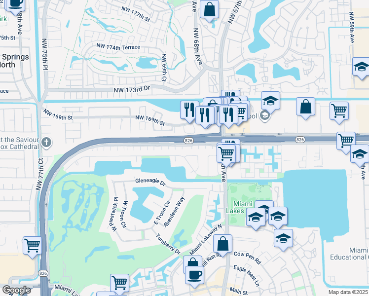 map of restaurants, bars, coffee shops, grocery stores, and more near 6900 Northwest 166th Terrace in Hialeah