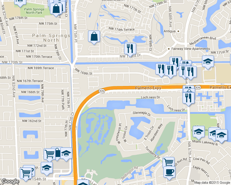 map of restaurants, bars, coffee shops, grocery stores, and more near 16621 Northwest 73rd Avenue in Hialeah