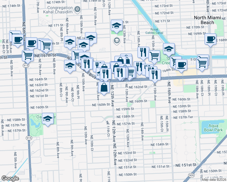map of restaurants, bars, coffee shops, grocery stores, and more near 16208 Northeast 12th Avenue in North Miami Beach