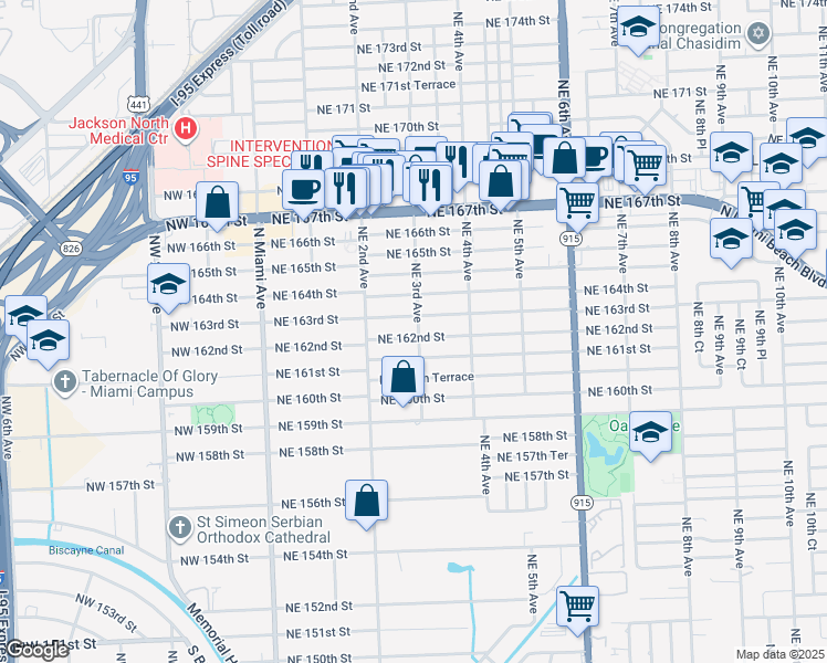 map of restaurants, bars, coffee shops, grocery stores, and more near 280 Northeast 163rd Street in North Miami Beach