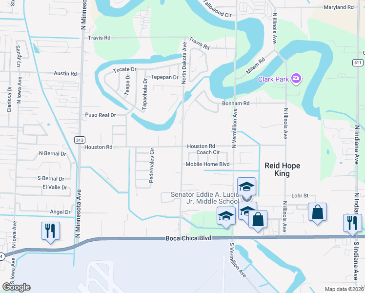 map of restaurants, bars, coffee shops, grocery stores, and more near 6401 Houston Road in Brownsville
