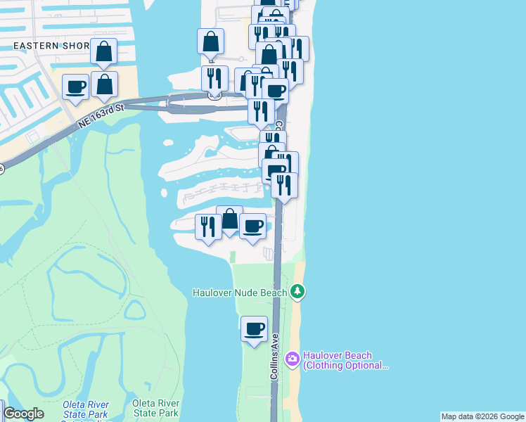 map of restaurants, bars, coffee shops, grocery stores, and more near 100 Kings Point Drive in Sunny Isles Beach