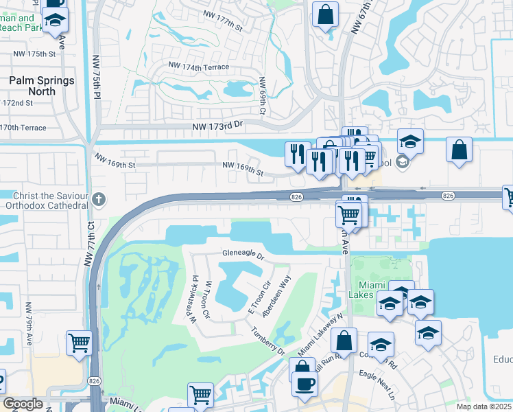 map of restaurants, bars, coffee shops, grocery stores, and more near 6950 Northwest 166 Terrace in Miami Lakes