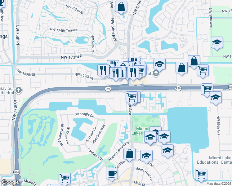 map of restaurants, bars, coffee shops, grocery stores, and more near 6830 Northwest 166th Terrace in Miami Lakes