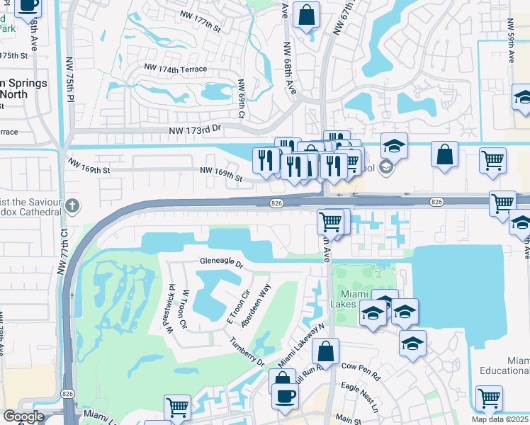 map of restaurants, bars, coffee shops, grocery stores, and more near 6900 Northwest 166th Terrace in Hialeah