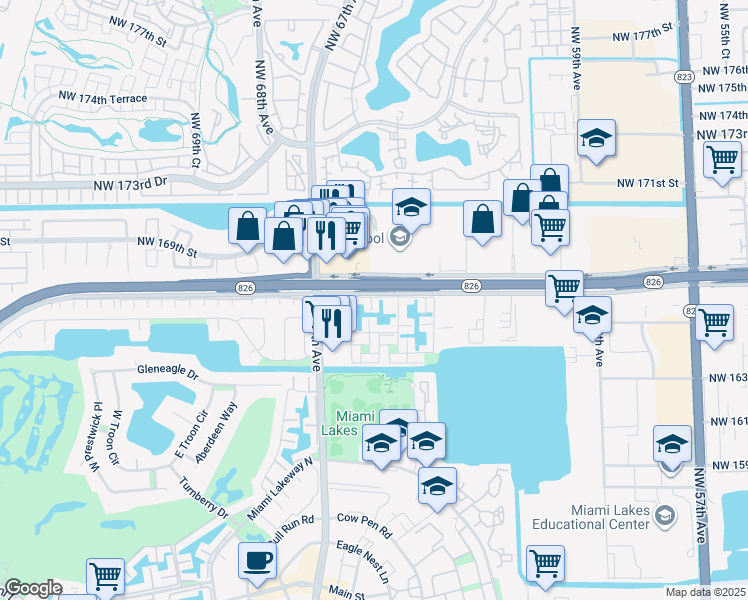 map of restaurants, bars, coffee shops, grocery stores, and more near 6420 Milk Wagon Lane in Miami Lakes