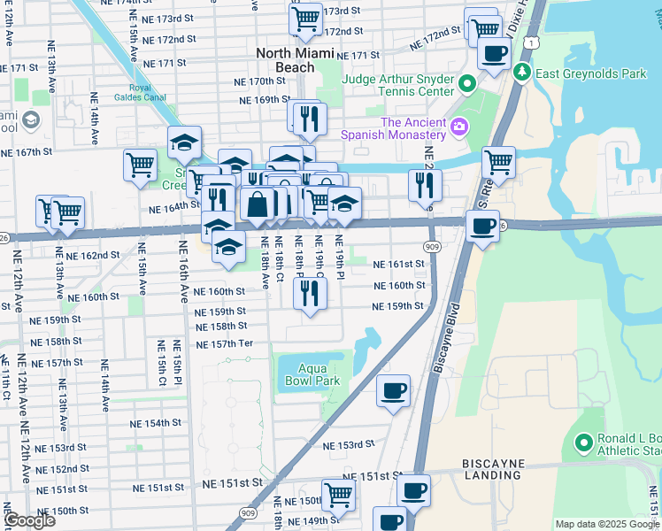 map of restaurants, bars, coffee shops, grocery stores, and more near 16120 Northeast 19th Court in North Miami Beach