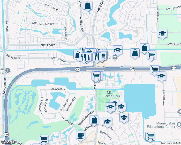 map of restaurants, bars, coffee shops, grocery stores, and more near in Miami Lakes