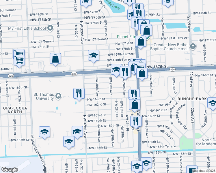 map of restaurants, bars, coffee shops, grocery stores, and more near 2875 Northwest 164th Terrace in Opa-locka