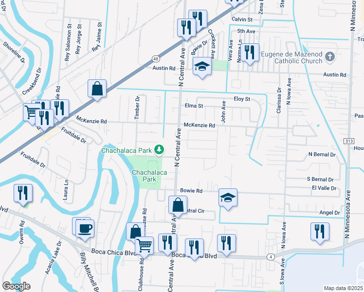 map of restaurants, bars, coffee shops, grocery stores, and more near 672 North Central Avenue in Brownsville