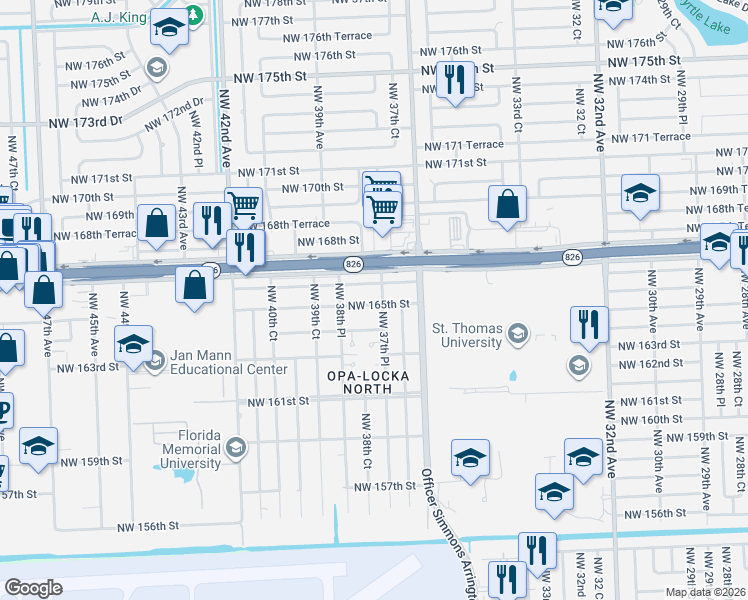 map of restaurants, bars, coffee shops, grocery stores, and more near 3760 Northwest 166th Street in Opa-locka