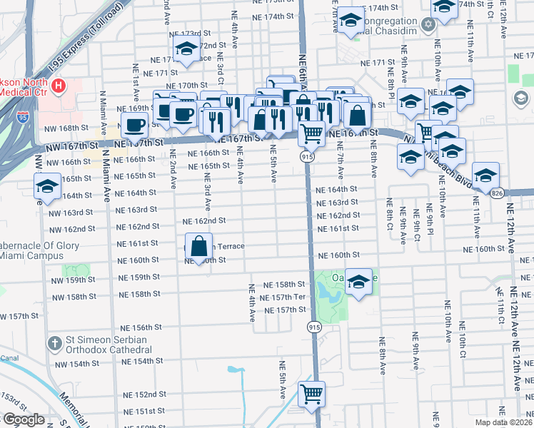 map of restaurants, bars, coffee shops, grocery stores, and more near 502 Northeast 163rd Street in North Miami Beach