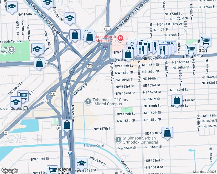 map of restaurants, bars, coffee shops, grocery stores, and more near 16320 Northwest 2nd Avenue in Miami