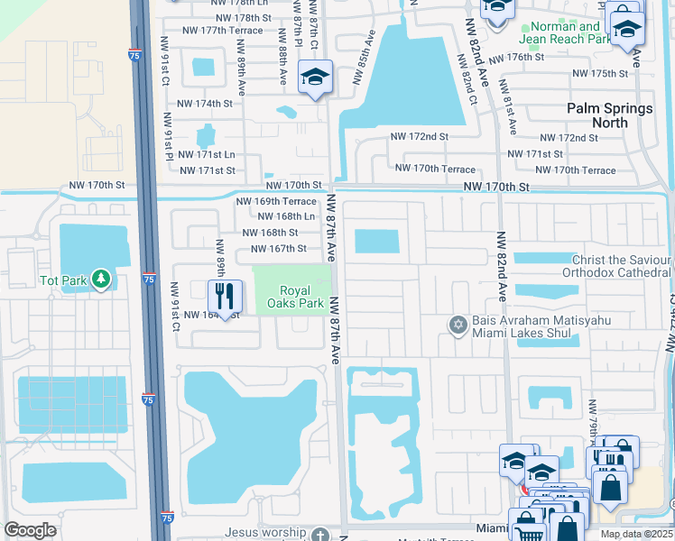 map of restaurants, bars, coffee shops, grocery stores, and more near 16547 Northwest 87th Avenue in Miami Lakes